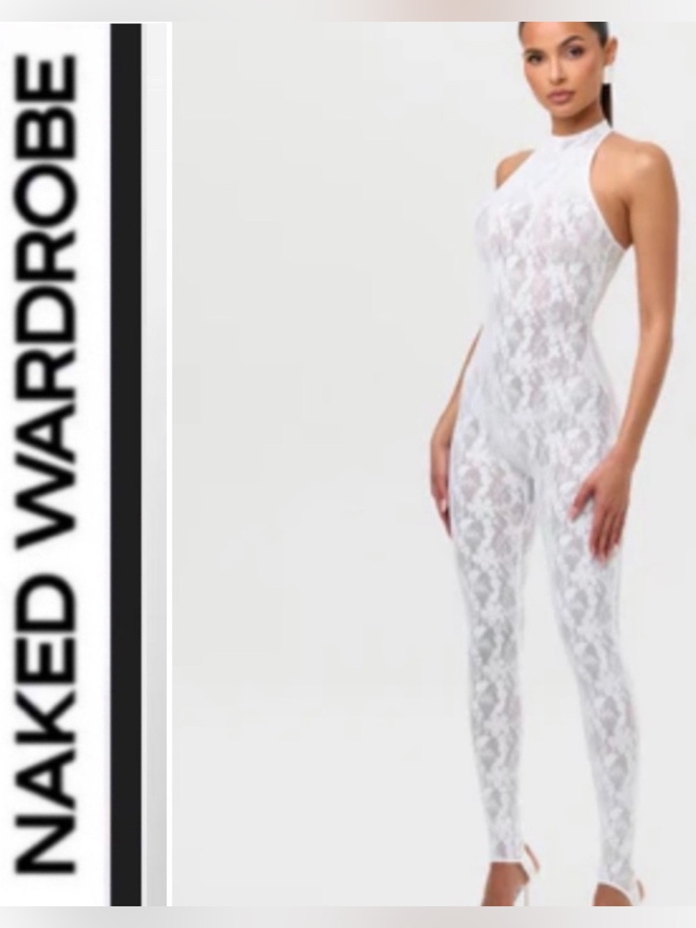 Naked Wardrobe 🤍 White stretch Lace Halter Jumpsuit